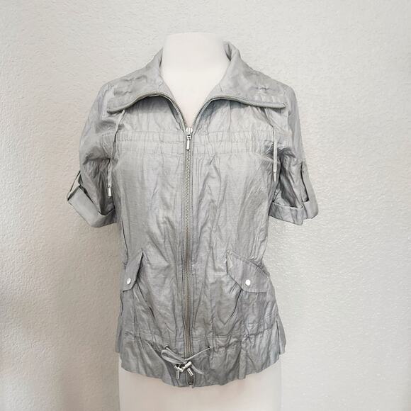 Zenergy by Chico's Silver Short Sleeve Zip Blouse - Picture 1 of 10
